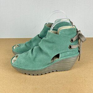 Fly London Yema Suede Wedge Booties Womens 6.5/7 EU 37 Green Gray Lace Detail